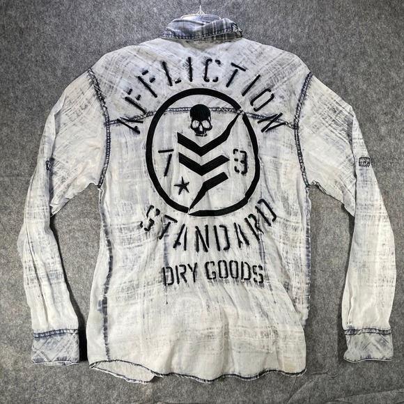 Affliction Shirt Mens XL Gray Skull Button Embroidered Thin Y2K - Picture 1 of 12